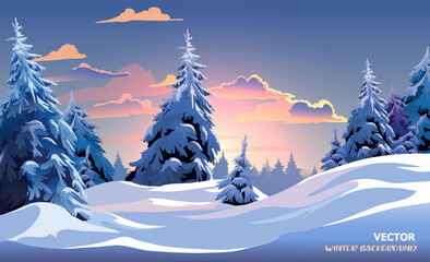 Winter forest landscape. Vector background with Christmas trees. Winter forest background with beautiful clouds.