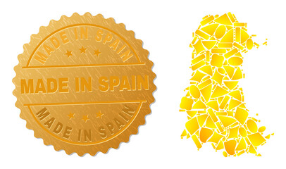 Wall Mural - Golden collage of yellow items for Palencia Province map, and golden metallic Made in Spain seal. Palencia Province map collage is designed of random gold spots.