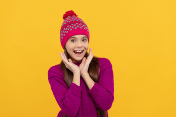 Poster - children winter fashion and beauty. teen girl in knitwear. express positive emotion.