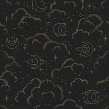 Vector Seamless Pattern With Clouds, Moons And Stars. Gold Decorative Ornament. Graphic Lunar Pattern For Astrology, Esoteric, Tarot, Mystic And Magic. Luxury Elegant Design.