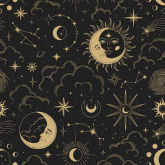 Magic seamless vector pattern with sun, constellations, moons and stars. Gold decorative ornament. Graphic pattern for astrology, esoteric, tarot, mystic and magic. Luxury elegant design.