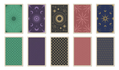 back of tarot cards. vector template for card deck with sun, moon, stars, hands, ornament and patter