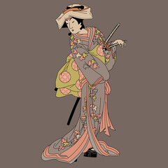 Medieval Japanese woman or man in kimono holding two swords. Traditional vintage style. On purple gray background.