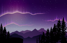 Beautiful Aurora Borealis Sky Light Pine Deer Mountain Polar Landscape Illustration