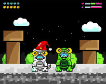 Tubes With Two Little Monster And They Are White Monster Wearing Santa Hat And Another One Is The Green Monster  In Pixel Art Vector