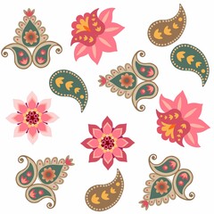 Wall Mural - Mandalas, flowers and paisley isolated on white background. Oriental motives. Endless print for fabric.