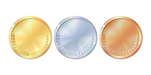 Set Of Gold, Silver And Bronze Round Empty Medals.