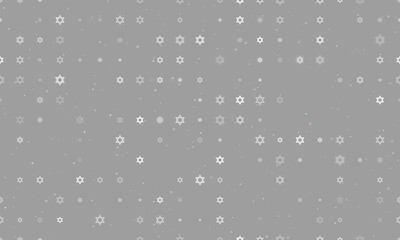 Wall Mural - Seamless background pattern of evenly spaced white star of David symbols of different sizes and opacity. Vector illustration on gray background with stars