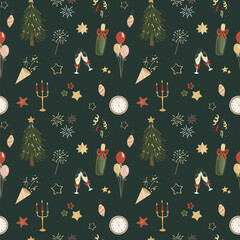 new year elements hand drawn seamless pattern on dark green background