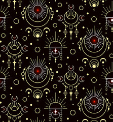 Seamless luxury galaxy esoteric pattern. Yellow geometric contour sacred ornaments. Vector magic texture with stars and dots on dark background.