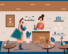 Coffee Shop Or Cafe Interior Design And Scene. Character Of Girl Barista Offers Cappuccino Art And Happy Cafe Customer. Scandinavian Style Interior With Houseplants And Handwritten Quote. Cartoon