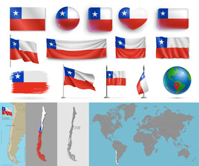 Wall Mural - chile flags of various shapes and country map set. realistic chilean waving flags, glossy buttons in