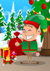 Wall Mural - Christmas Elf holding a pencil. Vector cartoon character illustration of Santa Claus's little worker, helper.