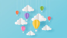 Paper Art Style Of Colorful Hot Air Balloons And Cloud On Blue Sky. Vector Illustration