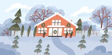 Village House On Christmas Holidays. Winter Landscape With Snow, Wood Country Home, Fir Wreath, Trees And Xmas Decoration. Rural Cottage In Wintertime. Countryside Scenery. Flat Vector Illustration