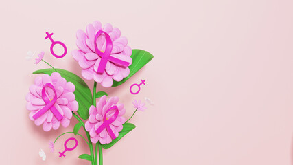 Wall Mural - 3D Render Of Pink Cross Ribbons Over Flowers, Leaves, Female Gender Sign And Copy Space.