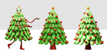3D Rendering Of Christmas Tree Decorated With Red Baubles And Lighting Garland In Three Options.