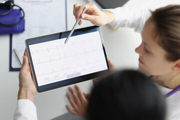 Wall Mural - Doctor show digital tablet screen with heart cardiogram result to coworker