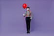 © ViDi Studio - Full size body length vivid young mime man with white face mask wears striped shirt beret holding colorful air inflated helium balloon isolated on plain pastel light violet background studio portrait.