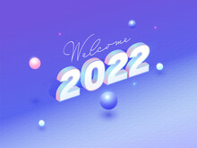 3D 2022 Number With Balls Decorated On Gradient Blue And Violet Background For Welcome New Year.