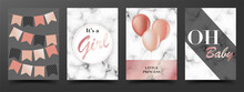 Set Of Luxury Baby Shower Cards Including Balloons And Flags For Girl With Rose Gold And White Marble Background. Vector Illustrations For Invitations, Greeting Cards, Posters