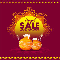Wall Mural - pongal sale poster design with 40-50% discount offer, traditional dish in mud pots and mandala patte