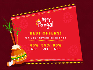 Wall Mural - happy pongal sale poster design with traditional dish (rice) in mud pot, sugarcane on red background