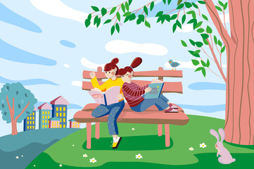 Wall Mural - Little girls read books sitting on bench at nature background. Children reading or doing homework outdoors. City park or courtyard at city street scenery. Vector illustration in flat cartoon design