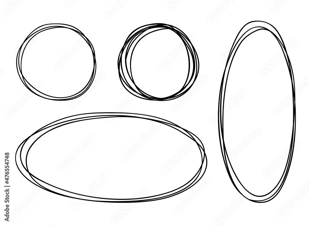 Simple round oval vector frames in doodle style. Black outline on a white background with an empty space in the center illustrations. For decoration of cards, invitations.