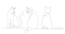 Cats Sit Sketch Drawing By One Continuous Line, Vector