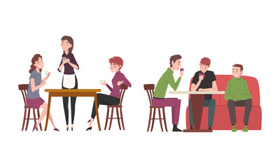 Canvas Print - People Character Sitting at Cafe Table with Waitress Serving Them Vector Set