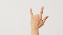 L.C. (Leah Culver) Gangster Hand Signs On White Background.