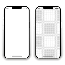 Realistic Models Of Smartphones With A Blank And Transparent Screen. Front View Of The Devices. Mobile Phones 3d With Shadow On Isolated Background. Vector EPS 10