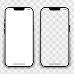Poster - Realistic models of smartphones with a blank and transparent screen. Front view of the devices. Mobile phones 3d with shadow on transparent background. Vector EPS 10