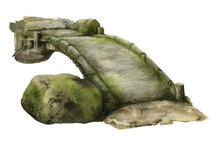 A Moss-covered Stone Footbridge From A Japanese Garden Hand Drawn In Watercolor Isolated On A White Background. Watercolor Illustration.
