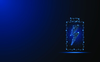 Fototapete - Abstract battery charging on dark blue background. Digital low poly wireframe style design with connection points. vector illustration
