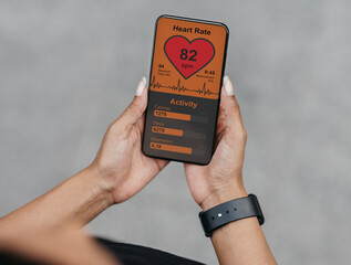 Poster - Sporty black woman using mobile app while training