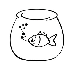 cartoon, comic fish bowl or aquarium. Goldfish in a bowl. Fishbones or fishbone sign. Swims underwater. Vector swimming in the sea, ocean icon or pictogram.