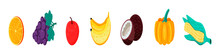 Tropical Fruit Set Vector. Orange, Grape, Coconut Are Shown In Hand Drawn, Organic Style. Bananas, Pumpkin Illustration.