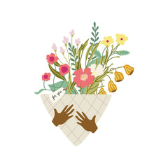  Floral bouquet in craft paper with hands. Hand drawn flat illustration. Vector isolated on white background. 