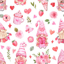 Watercolor Valentines Gnome Seamless Pattern. Cute Gnomes Print With Pink Heart, Flowers, Gift, Hot Cocoa On White Background. Hand Drawn 14 February Themed Wallpaper.
