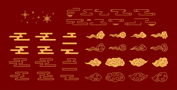 Traditional Asian design elements collection, clouds, stars, gold on red. Vector illustration. Concept, clipart for Chinese Lunar New Year, Mid Autumn Festival, CNY card, banner, poster, decor.