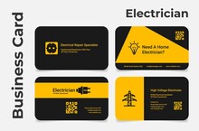 Professional Electrician Business Card Set Vector Flat Illustration. Electrical Services Engineer