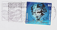 Briefmarke Stamp Gestempelt Used Frankiert Cancel Vintage Retro Alt Old Papier Paper Beethoven Corona 250 Jahre Blau Blue Notenschlüssel Heart Herz Hug Umarmung