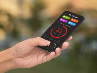Poster - Woman hand using smartphone with health book app on screen