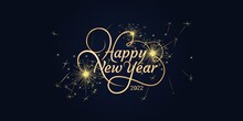 Happy New Year 2022 Typography, With Fireworks On Dark Blue Background. Concept For Holiday Decoration, Greeting Card, Poster, Banner, Flyer.