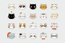  Cats Kawaii Faces Stickers Collection In Cute Hand Drawn Style