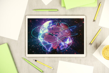 Leinwandbilder - Abstract digital world map with connections on modern digital tablet screen, big data and blockchain concept. Top view. 3D Rendering