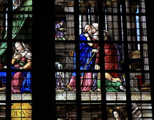  Stained Glass Window Detail Depicting Two Embracing Women At The Oude Kerk Church In Amsterdam, Netherlands