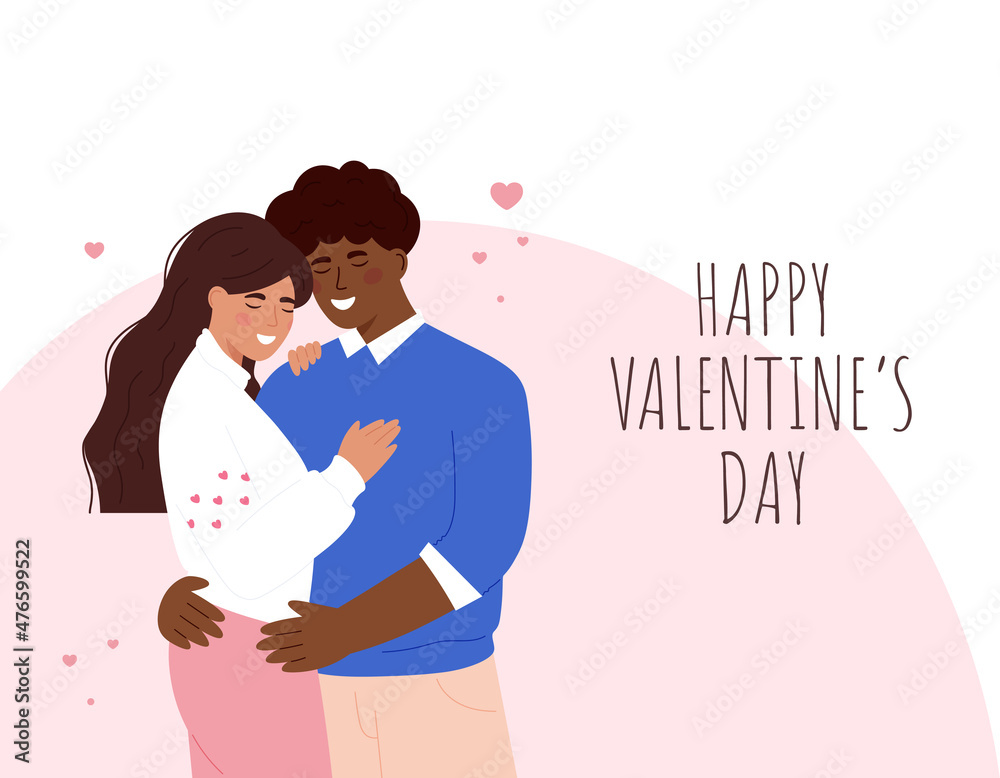 Cute diversity couple hugging. Happy Valentine's Day. Couple in love ...